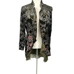 Chicos Jacket Women 1 Medium Olive Burnout Velvet Floral Embroider Boho Regency